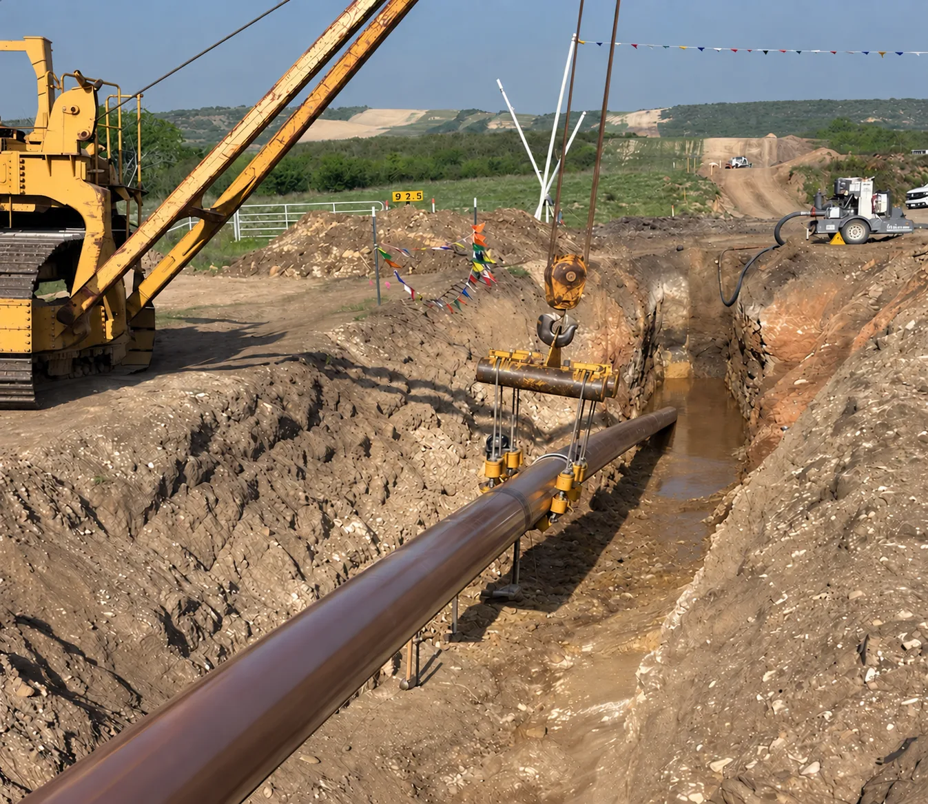 Coated steel pipe being lowered into an open trench by a sideboom