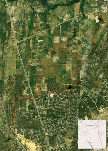 Aerial map of the delivery system's route through Bexar County, Texas, with the pipeline alignment traced in red.