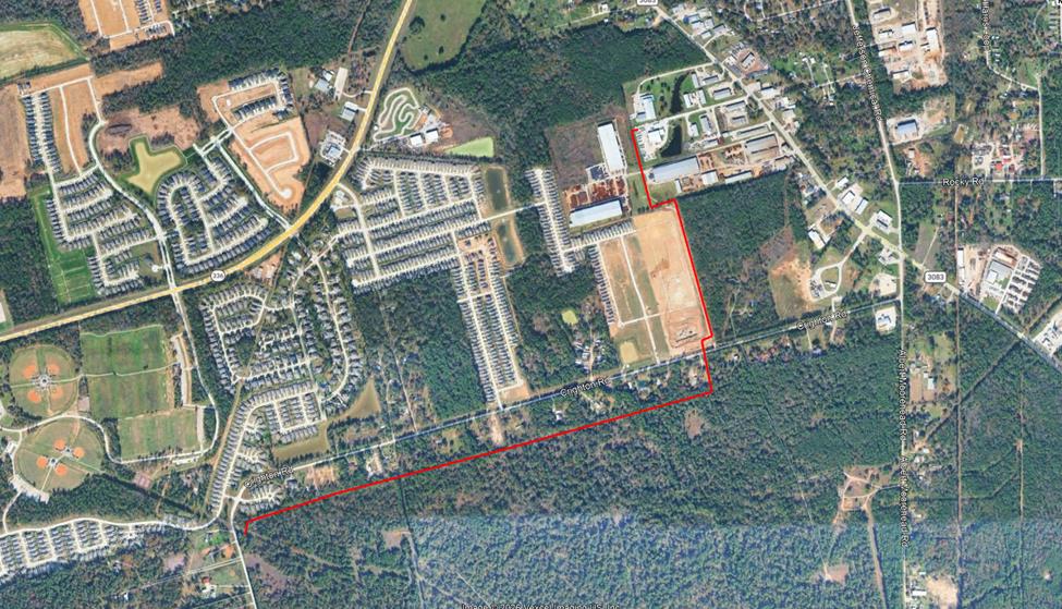Aerial map of the delivery system's route through Montgomery County, Texas, with the pipeline alignment traced in red.